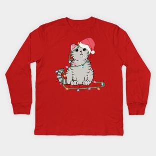 Gray Tabby Cat Christmas lights funny cat lover xmas hat Kids Long Sleeve T-Shirt